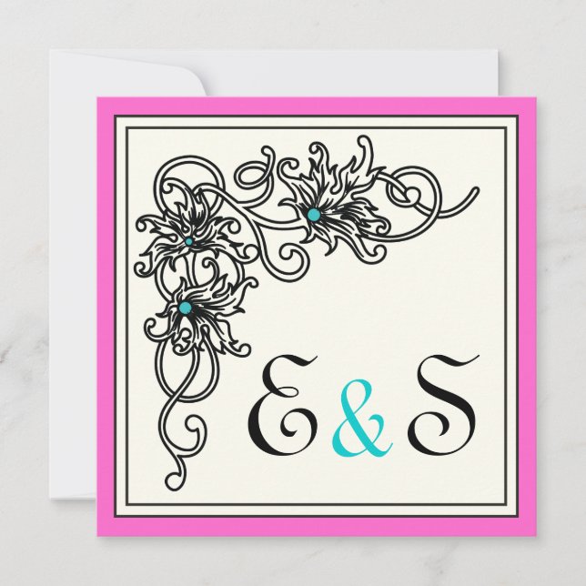 Flourish vine black pink turquoise wedding invitation (Front)