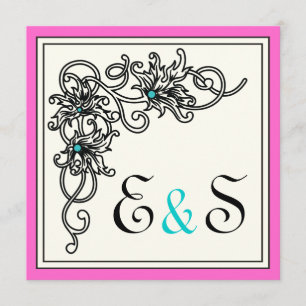 Flourish vine black pink turquoise wedding invitation