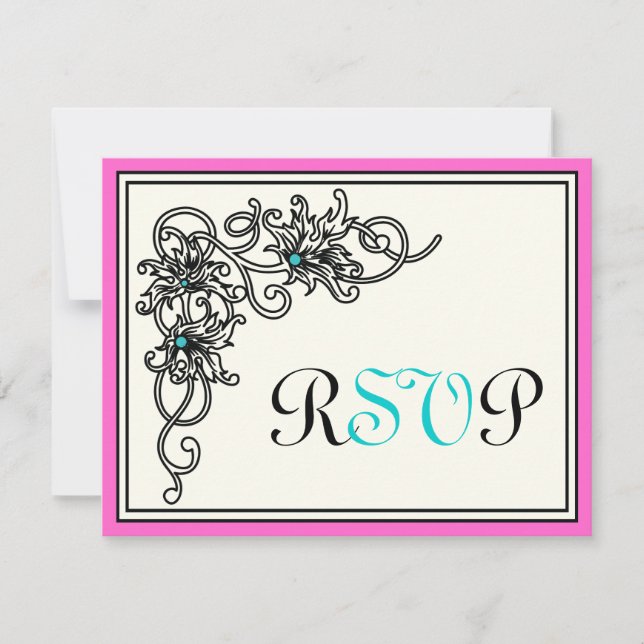 Flourish vine black pink turquoise wedding RSVP (Front)