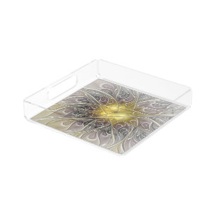 Flourish With Gold Modern Abstract Fractal Flower Acrylic Tray