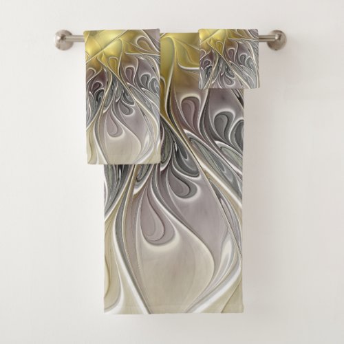 Flourish With Gold Modern Abstract Fractal Flower Bath Towel Set