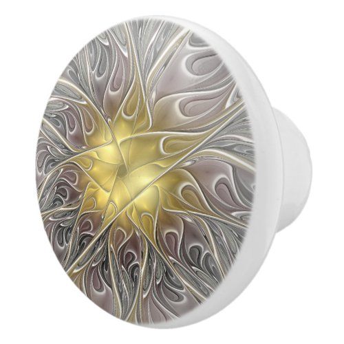 Flourish With Gold Modern Abstract Fractal Flower Ceramic Knob