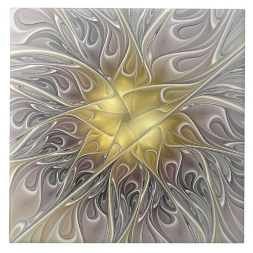 Flourish With Gold Modern Abstract Fractal Flower Ceramic Tile