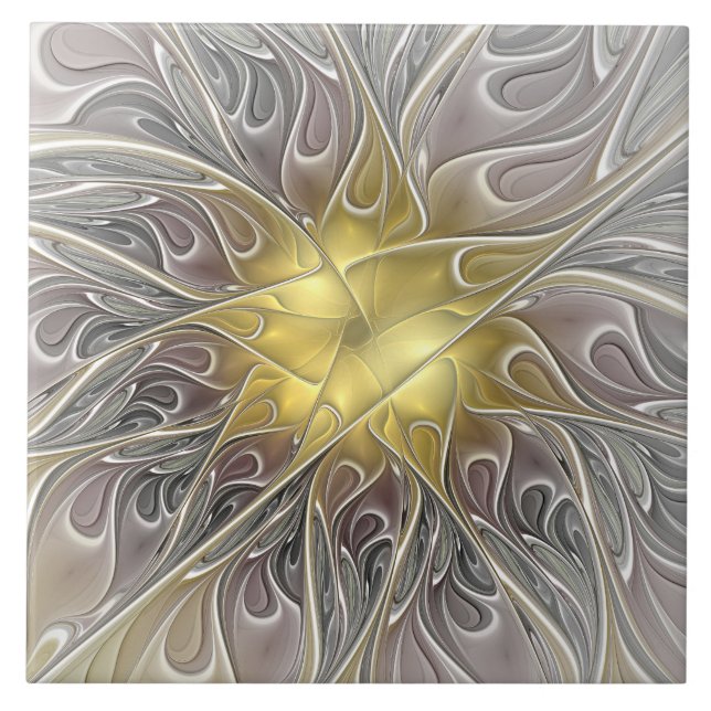 Flourish With Gold Modern Abstract Fractal Flower Ceramic Tile (Front)