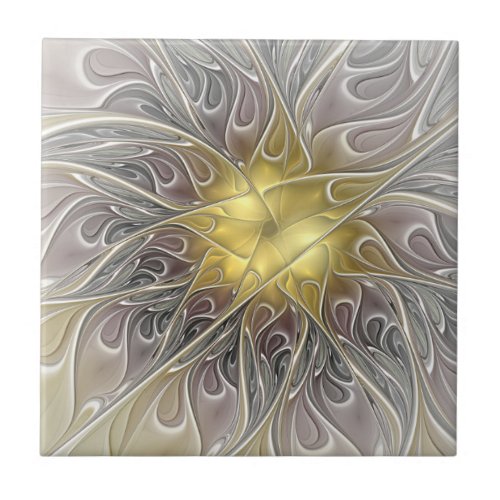 Flourish With Gold Modern Abstract Fractal Flower Ceramic Tile