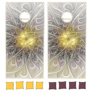 Flourish With Gold Modern Abstract Fractal Flower Cornhole Set