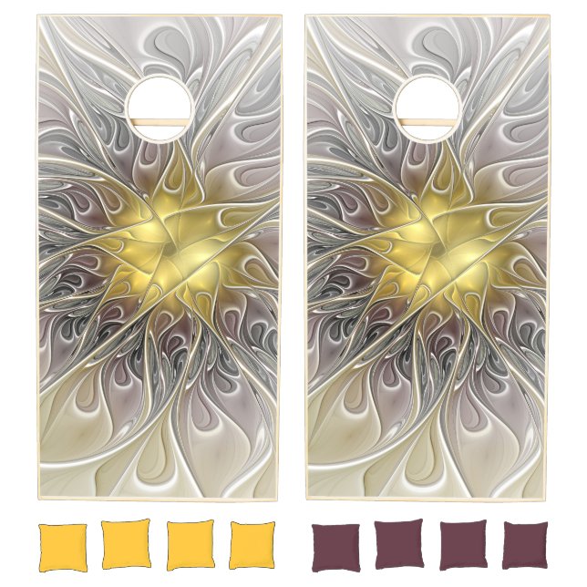 Flourish With Gold Modern Abstract Fractal Flower Cornhole Set (Set)