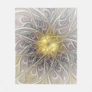 Flourish With Gold Modern Abstract Fractal Flower Fleece Blanket
