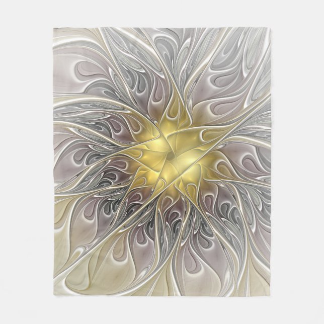 Flourish With Gold Modern Abstract Fractal Flower Fleece Blanket (Front)