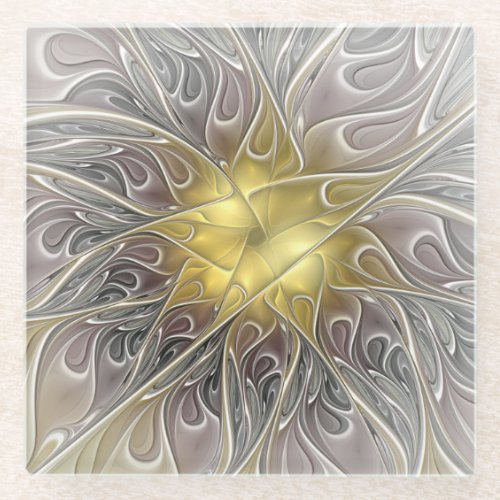 Flourish With Gold Modern Abstract Fractal Flower Glass Coaster