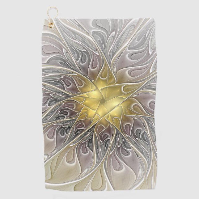 Flourish With Gold Modern Abstract Fractal Flower Golf Towel (Front)