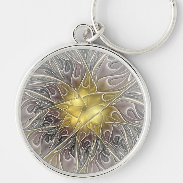Flourish With Gold Modern Abstract Fractal Flower Keychain (Front)
