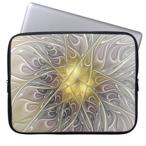 Flourish With Gold Modern Abstract Fractal Flower Laptop Sleeve