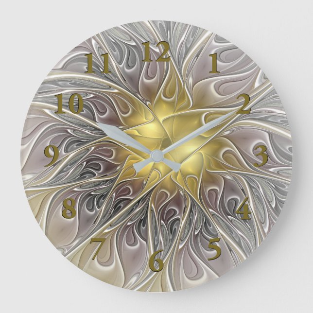 Flourish With Gold Modern Abstract Fractal Flower Large Clock (Front)