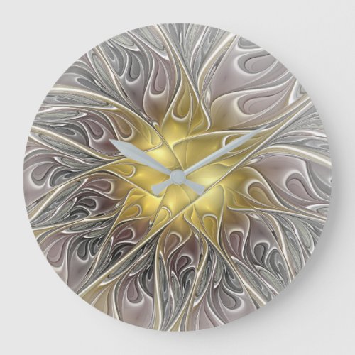 Flourish With Gold Modern Abstract Fractal Flower Large Clock