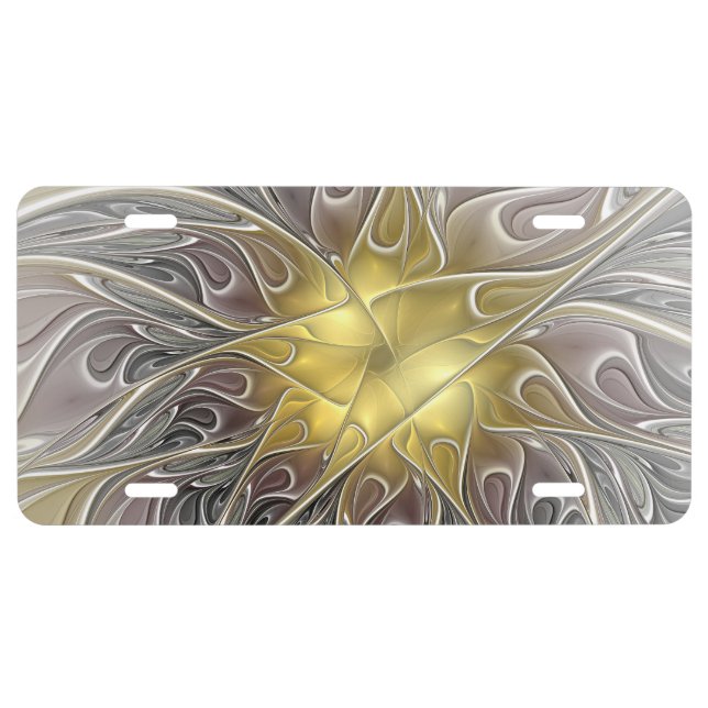 Flourish With Gold Modern Abstract Fractal Flower License Plate (Front)