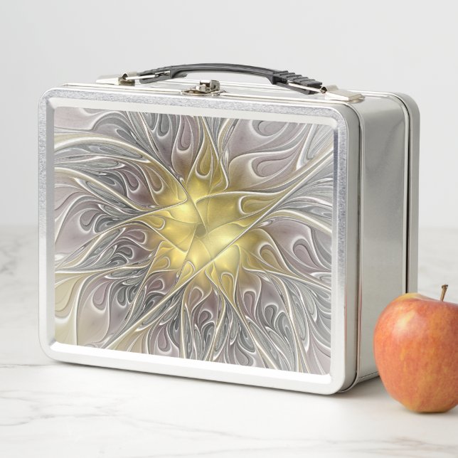 Flourish With Gold Modern Abstract Fractal Flower Metal Lunch Box (In Situ)