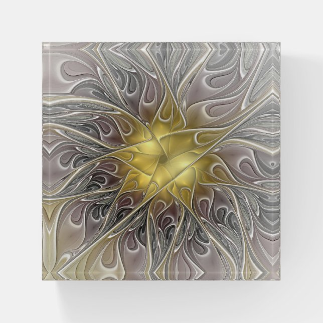 Flourish With Gold Modern Abstract Fractal Flower Paperweight (Front)