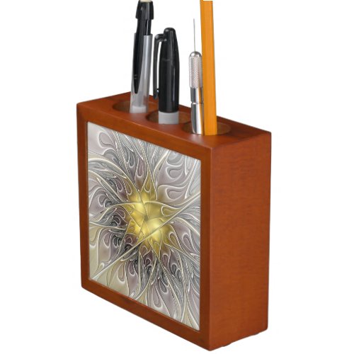 Flourish With Gold Modern Abstract Fractal Flower PencilPen Holder
