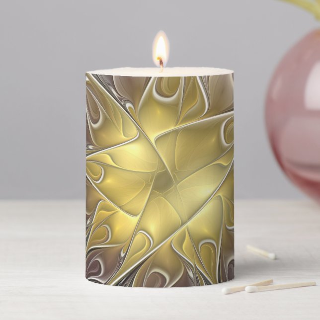 Flourish With Gold Modern Abstract Fractal Flower Pillar Candle (In Situ)