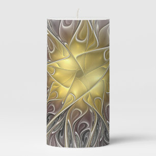Flourish With Gold Modern Abstract Fractal Flower Pillar Candle