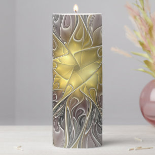 Flourish With Gold Modern Abstract Fractal Flower Pillar Candle