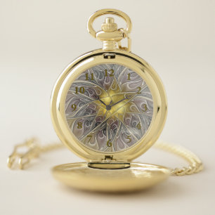 Flourish With Gold Modern Abstract Fractal Flower Pocket Watch