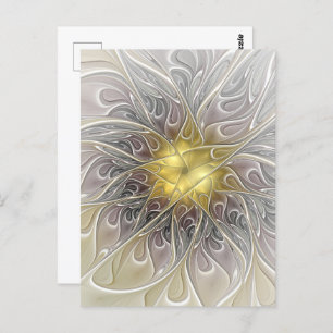 Flourish With Gold Modern Abstract Fractal Flower Postcard