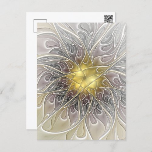 Flourish With Gold Modern Abstract Fractal Flower Postcard