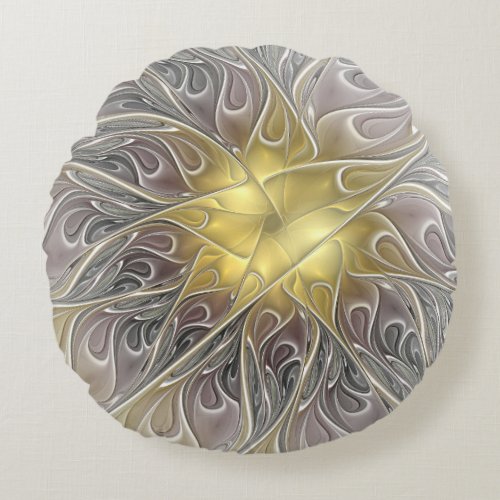 Flourish With Gold Modern Abstract Fractal Flower Round Pillow