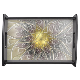 Flourish With Gold Modern Abstract Fractal Flower Serving Tray