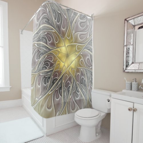 Flourish With Gold Modern Abstract Fractal Flower Shower Curtain