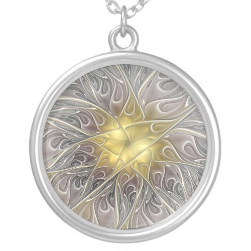Flourish With Gold Modern Abstract Fractal Flower Silver Plated Necklace