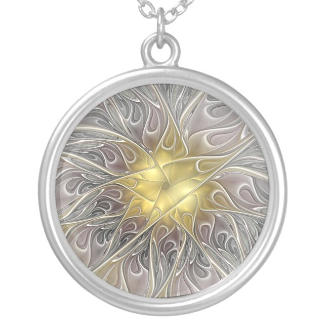 Flourish With Gold Modern Abstract Fractal Flower Silver Plated Necklace (Front)
