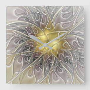 Flourish With Gold Modern Abstract Fractal Flower Square Wall Clock