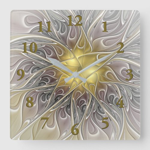 Flourish With Gold Modern Abstract Fractal Flower Square Wall Clock