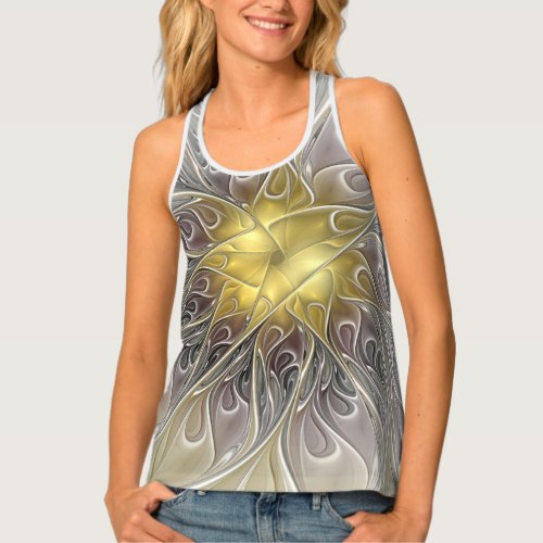 Flourish With Gold Modern Abstract Fractal Flower Tank Top