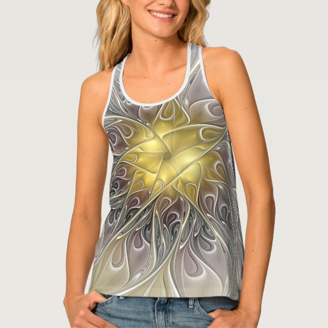Flourish With Gold Modern Abstract Fractal Flower Tank Top (Front)