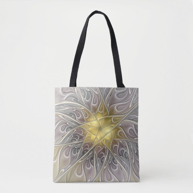 Flourish With Gold Modern Abstract Fractal Flower Tote Bag (Front)