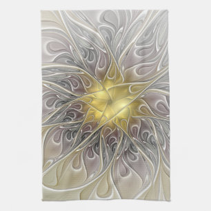 Flourish With Gold Modern Abstract Fractal Flower Towel