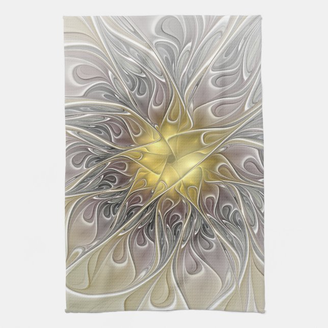 Flourish With Gold Modern Abstract Fractal Flower Towel (Vertical)