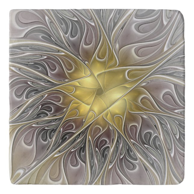 Flourish With Gold Modern Abstract Fractal Flower Trivet (Front)