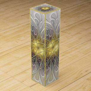 Flourish With Gold Modern Abstract Fractal Flower Wine Box