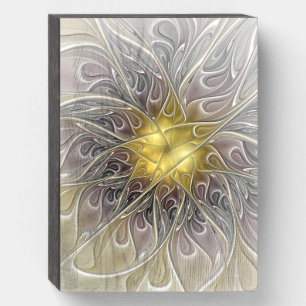 Flourish With Gold Modern Abstract Fractal Flower Wooden Box Sign