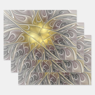 Flourish With Gold Modern Abstract Fractal Flower Wrapping Paper Sheets