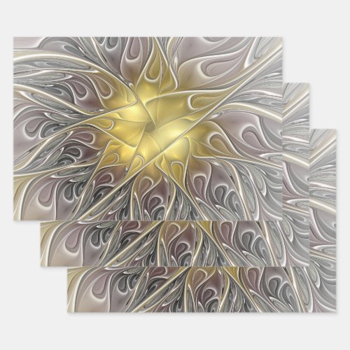 Flourish With Gold Modern Abstract Fractal Flower Wrapping Paper Sheets