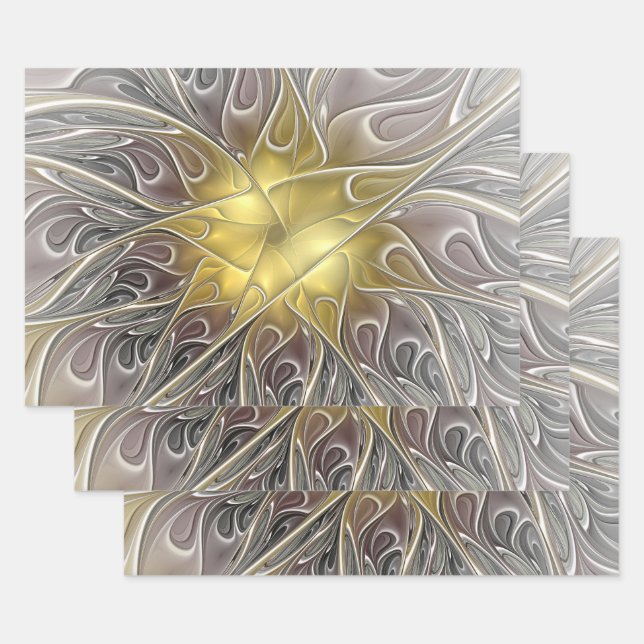 Flourish With Gold Modern Abstract Fractal Flower Wrapping Paper Sheets (Set)