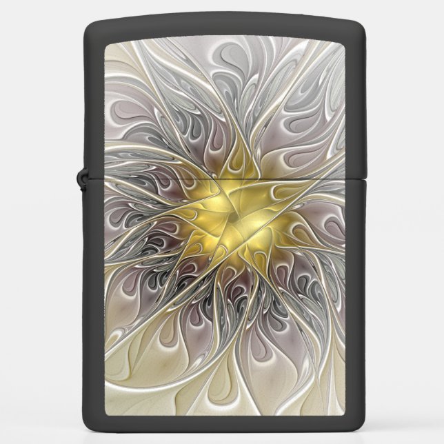 Flourish With Gold Modern Abstract Fractal Flower Zippo Lighter (Front)