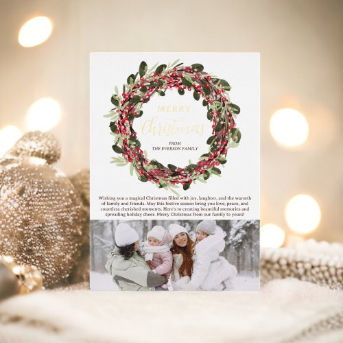 Flourish Wreath festive gold photo Christmas Foil Holiday Card