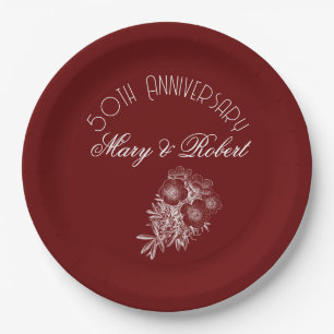 Flourished 50th anniversary - Burgundy and white Paper Plates
